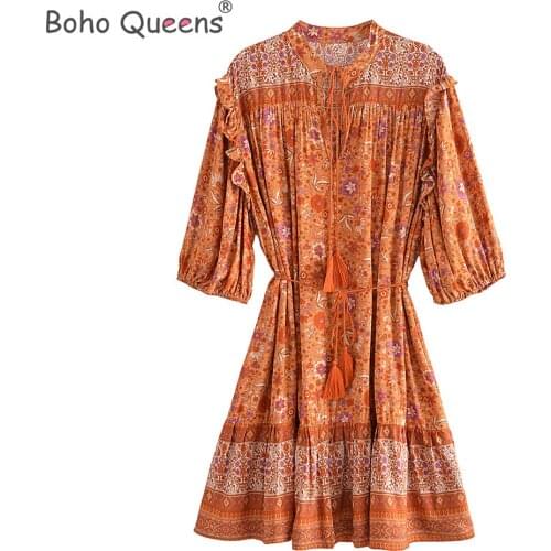 Boho Queens women Orange floral print lantern sleeve tassel beach Bohemian mini dresses Ladies V neck rayon Boho dress