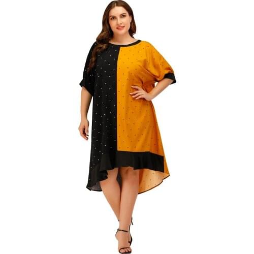Spring Summer Dress Color Contrast Wave Dot Print 3XL Loose Plus Size Women Casual Dress TJR339