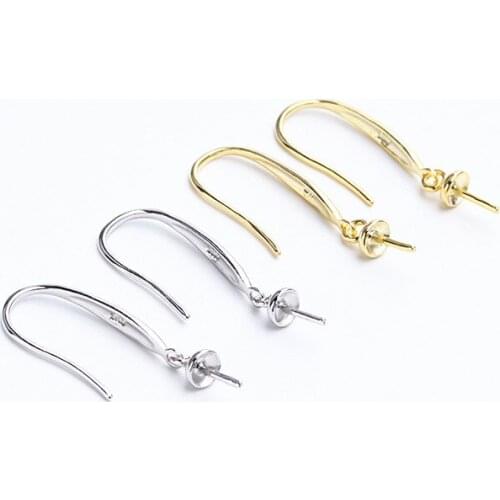 1 Pair 100%S925 Sterling Silver Pearl Ear Hook Support Accessories Simple Pearl Empty DIY Making Earrings Findings jp