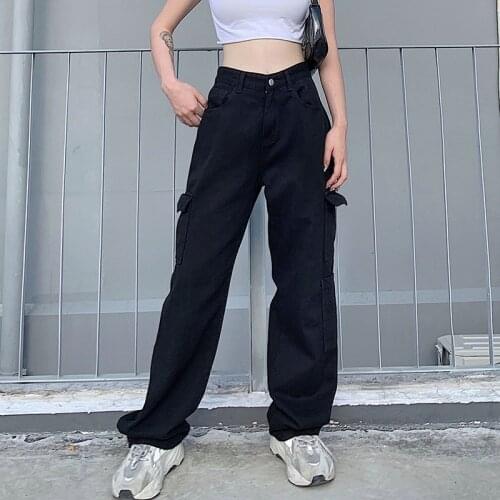 2021 Fashion Loose Casual Work Pants women Hip Hop Jeans woman Cotton Trousers Big Pocket women Clothes Blue/black/white Jeans