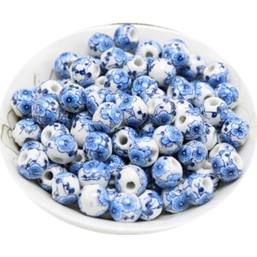 50 PCS 10mm 12mm Round Ceramic Beads Blue Flowers Beads DIY Handmade Porcelain Bead For Jewelry Making