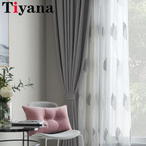 Tiyana Quality Embroidered Linen Blind Curtain Window Screen For Living Room Nordic Grey Leaves Kitchen Tulle Curtains JK022X