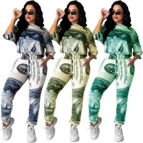 Dollar Print 2 Peice Sets Women Fashion Casual Sports Suit Half Sleeve Pullover T-shirt + Long Pants Summer Autumn Tracksuit Set