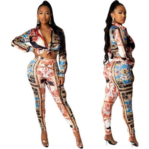 2 piece sets womens outfits European and American 2021 pattern characteristic printed shirt + pants casual party suit