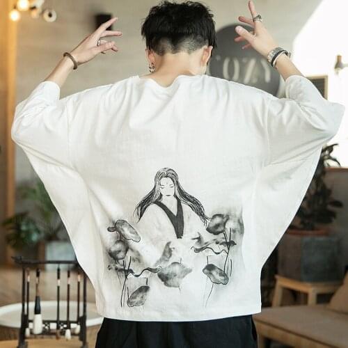 Summer Fashion Bat Sleevet Shirt Men Chinese Style Retro Linen T-Shirt Thin Vintage Tee Shirt Japanese Style Shirt Male 30180