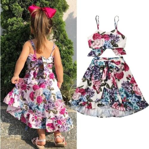 Licupiee Summer Clothing Kids Baby Girls Floral Shirt Crop Bowknot Tops Irregular Skirts Set Outfits Babe Child Holiday 2pcs