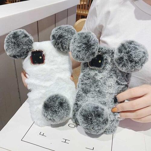 Cute Cartoon Panda Phone Case for iPhone 12 11 Pro XR XS Max X 6 6s 7 8 Plus SE Luxury Fluffy Furry Silicone Covers Girl gift