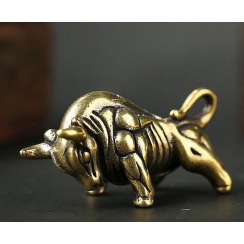 Mini Vintage Brass Bull Ornament Statue Home Office Desk Decoration Ornament Keychain Cattle Pendant GY61