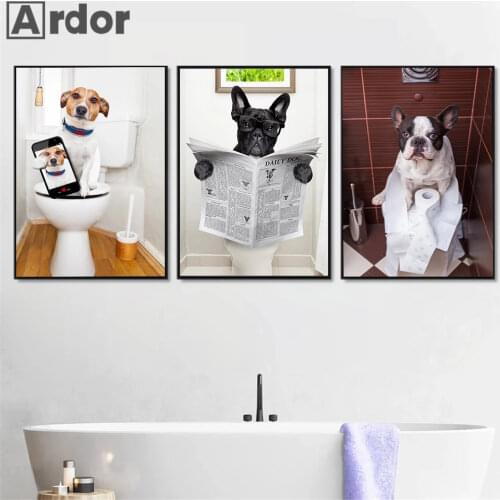 Dog Reading Newspaper Toilet Wall Art Poster Animal Print Funny Dog Canvas Painting Modern Wall Pictures For Bathroom Home Decor