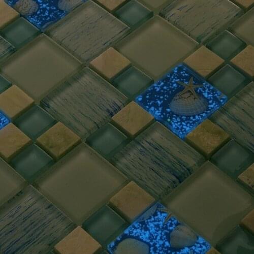 Night light blue crystal glass mixed resin sea shell for bathroom Shower Kitchen backsplash hallway wall tile MD-BS1202