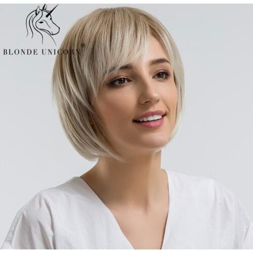 BLONDE UNICORN Synthetic Wig 10 Inch Light Brown Bob Wigs For Women With Side Bangs Hairs High Temperature Fiber Straight Hair