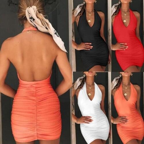 Sexy V Neck Womens Summer Backless High Draped Slim Bandage Bodycon Evening Party Short Mini Dress Stretch Short Club Dress