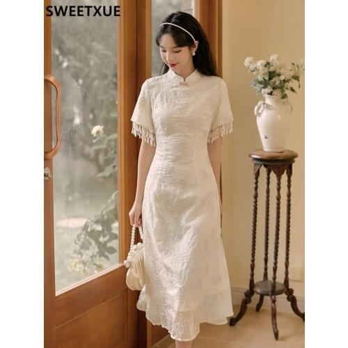 SWEETXUE Embroidered Improved Cheongsam Cuffs Tassels Beaded Retro Midi Cheongsam French Vintage Elegant Slim Fashion Dress