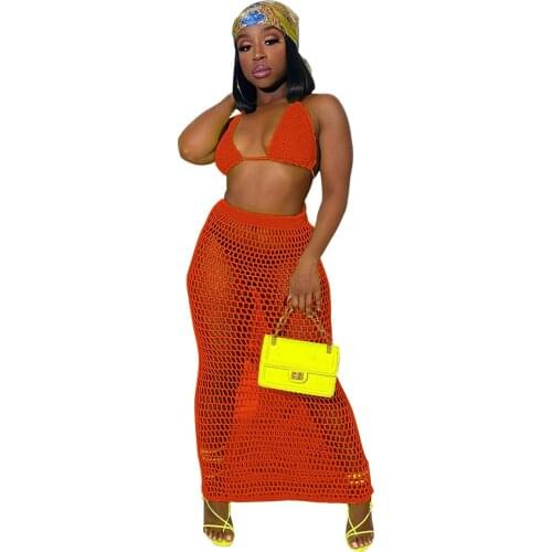 2020 Rushed Direct Selling 2021 Handmade Knitted Cutout Beach Blouse Sexy Mesh Perspective Two-piece Suit Skirt