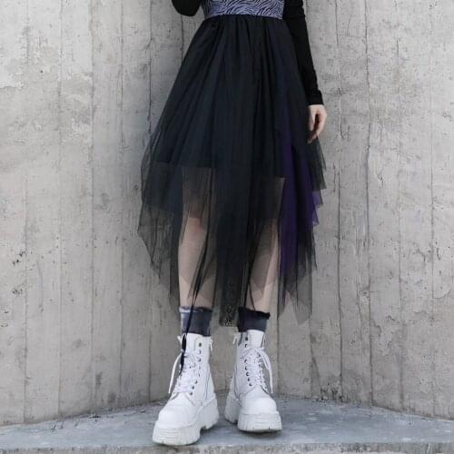 PUNKRAVE Womens Gothic A Shape Half Skirts Asymmetrical Multi-layer Mesh Stitching Casual Long Skirt