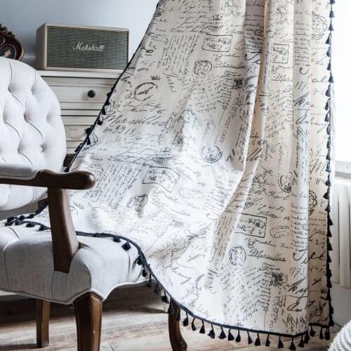 Curtain finished product letter printing black tassel Japanese small window kitchen curtain cotton hemp semi shading floating