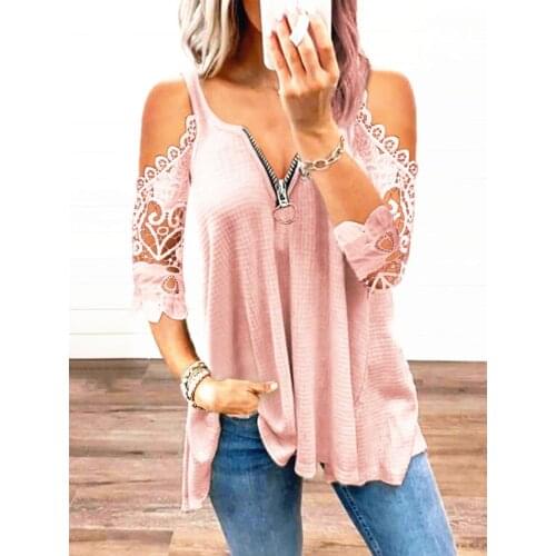 2021 Womens T Shirt Summer Popular Sexy Slim Casual Daily Wild Street Style Low Cut V Neck Zipper Splicing Lace Sleeves