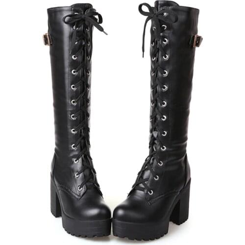 PXELENA Gothic Square Chunky Block High Heels Riding Boots Women Lace Up Thick Platform Rock Punk Cosplay Knee High Boots Shoes