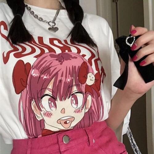 Aesthetic Cartoon Character Print T Shirt Women 2021 Summer Harajuku White Tshirt + Pink Skirt 2 Piece Set Female Tops Sweet Tee