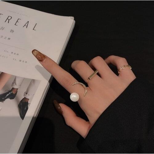 2021 New Boho Gold Color Pearl Rings Set For Women Fashion Geometric Twist Hollow Open Ring Joint Finger Rings Charm Jewelry