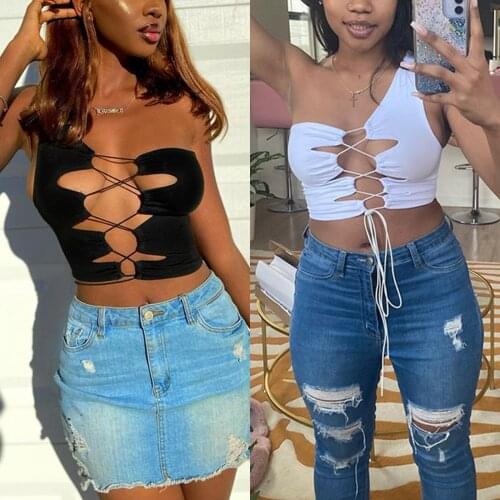 Hirigin Womens Sexy Bikini Crop Tank Top Casual Sleeveless One Shoulder Solid Color Open Front Lace Up Camisole Beach Clothes