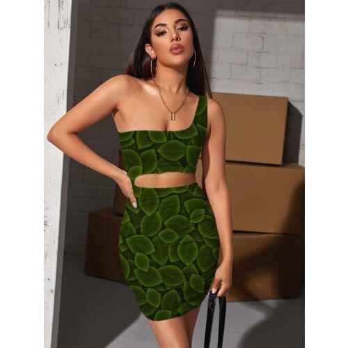 Giyu Brand Cube Dresses Women Geometry Vestido Sexy Leaf Halter Sleeveless Green Hollow out Dresses Womens Clothing Plus Size