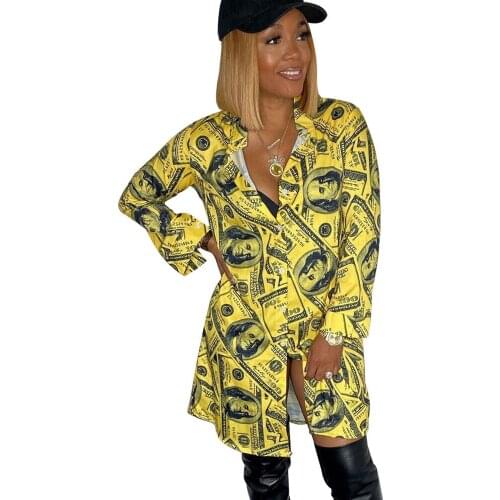 Spring Dollar Print Long Sleeve Shirt Dress Women Button Up Turn-Down Collar Dress Ladies Streetwear Loose Casual Mini Dress