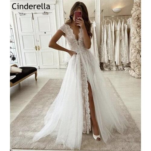 Sexy Wedding Dresses A-Line Side Slit Sweep Train V-Neck Sleeveless Tulle Lace Wedding Dresses Lace Up Back vestido de noiva