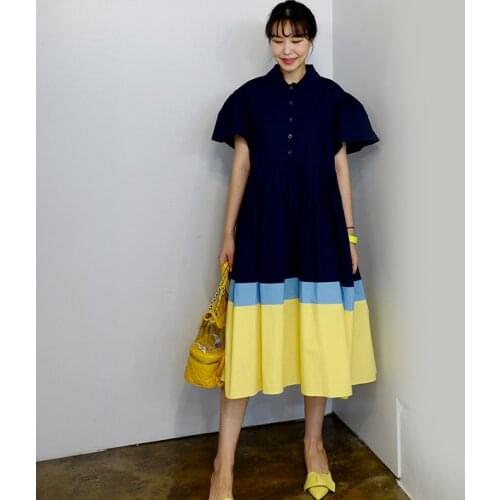 New Korean Chic Summer Single-breasted High Waist Pleated Dress Elegant Lady Design Contrast Color Mid-calf Vintage Dress Women