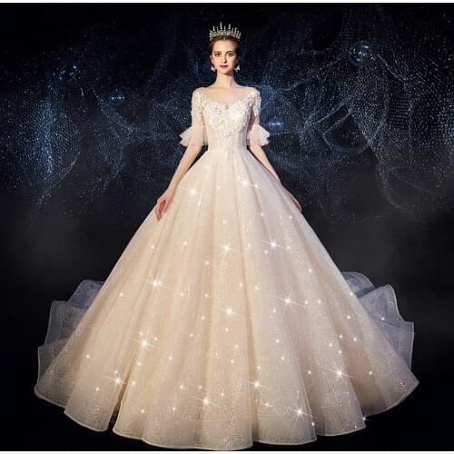 2021 New Arrivals O-Neck Short Sleeve Lace Up Back Beading Pearls Appliques Flowers Shiny A-Line Wedding Dress Robe De Mariage