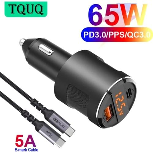 65W Fast Car Charger PD3.0 & QC3.0 Dual Port Car Adapter with LED Display For USB-C Laptops,MacBook,iPhone 12,Samsung,iPad Pro