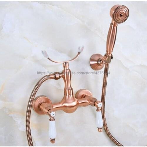 Antique Red Copper Bathroom Rainfall Hand Shower Faucet Set Mixer Tap With Hand Sprayer Wall Mounted Nna356