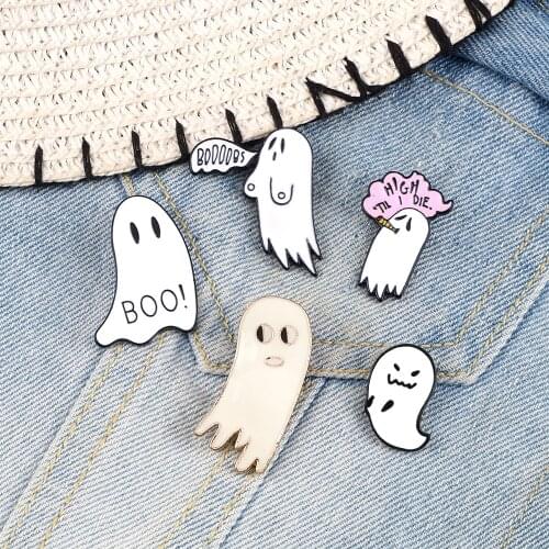 White Ghost Enamel Pins Boo Brooch Bag Clothes Lapel Pin Jeans Jackets Buckle Badge Halloween funny Jewelry Gift for Women Men