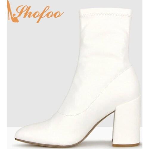 White Pointed Toe Autumn Ankle Boots Woman High Square Heels Zipper Stretch Fabric Female Casual Booties Small Size 3 5 Mature