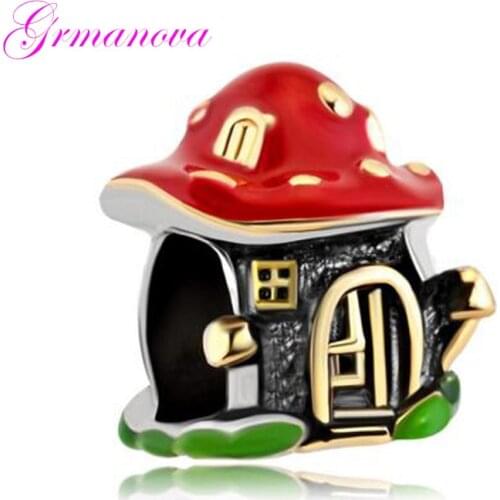 Red enamel mushroom house charm beads cartoon handmade DIY jewelry making accessories amulet Fit Pandora Bracelet Necklace