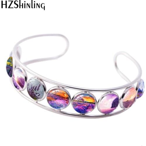 2021 New Lavender Fields Cuff Bracelet Purple Flower Painting Round Glass Dome Art Photo Jewelry Handmade