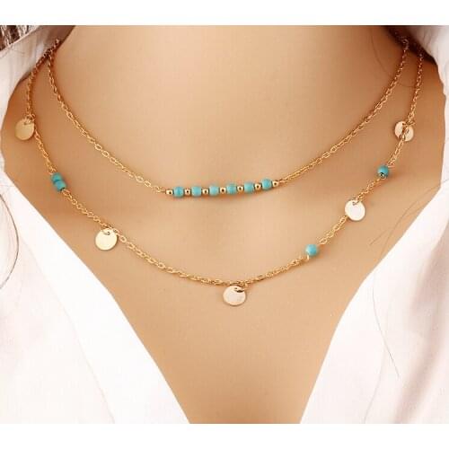 Boho Chain Necklaces Multilayer Gold Coin Bead Double Chain Necklaces & Pendants for Women Collares Mujer