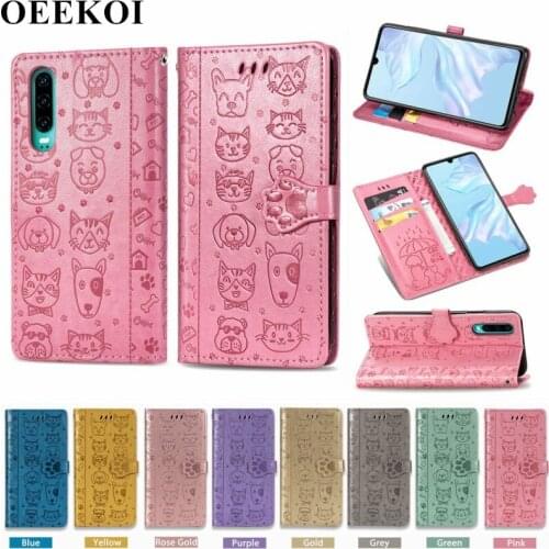 OEEKOI Cartoon Style Cat Dog Wallet Flip Cover Case for Huawei P30 with Card Slot Holder
