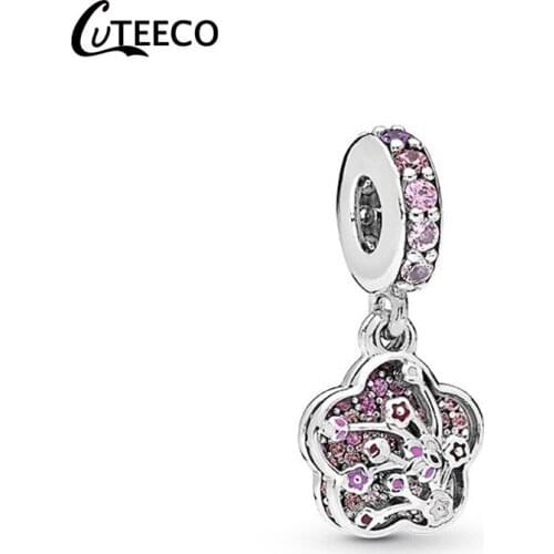 CUTEECO 2019 New Pink Romantic Peach Flower Enamel DIY Charms Dangle Fits Original Brand Charm Bracelet For Women Jewelry