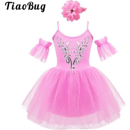 Kids Dancewear Spaghetti Straps Shiny Sequins Mesh Tutu Ballet Dress with Arm Sleeves Set Girls Stage Performance Dance Costume