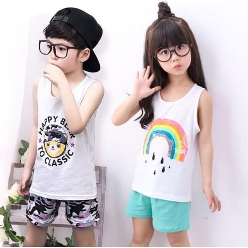 Childrens Leisure Cartoon Summer Sleeveless Vest Sleepwear Suit Pure Cotton Wear Babys Set