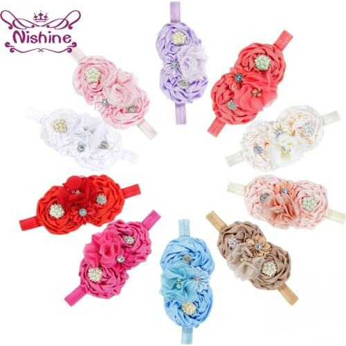 Vintage Baby Girls Satin Rose Headband Infant Rhinestone Flower Hairband Elastic Princess Headwear Children Photography Props