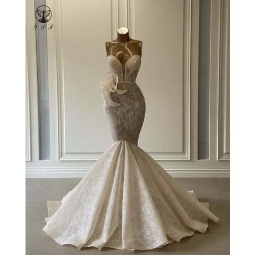 Glamorous Robe De Mariee Off the Shoulder Sweetheart Sleeveless Bling Bling Lace Mermaid Champagne Wedding Dresses