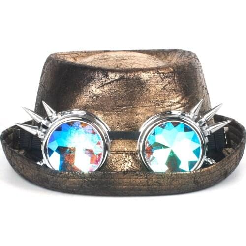 Gold Pork Pie Hat Leather Steampunk Hat For Men Fedora Hat Gear Glasses Flat Top Hat For Gentleman Bowler Gambler Cosplay Hat