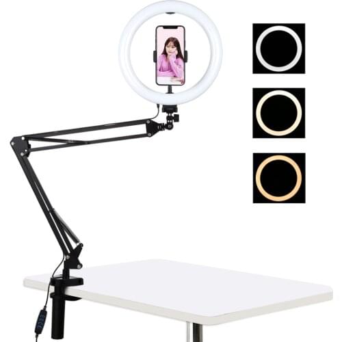 PULUZ 10.2 inch 26cm Ring Curved Light + Desktop Arm Stand USB 3 Modes Dimmable Dual Color Temperature LED Vlogging Selfie Photo