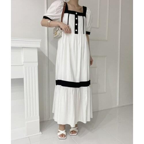 South Korea French niche summer wear Heben wind square collar loose show thin medium long color bubble sleeve dress
