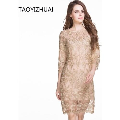 Taoyizhuai brand loose cut embroidery dress European and American fashion gold lace a word everyday ol casual dress evening dres