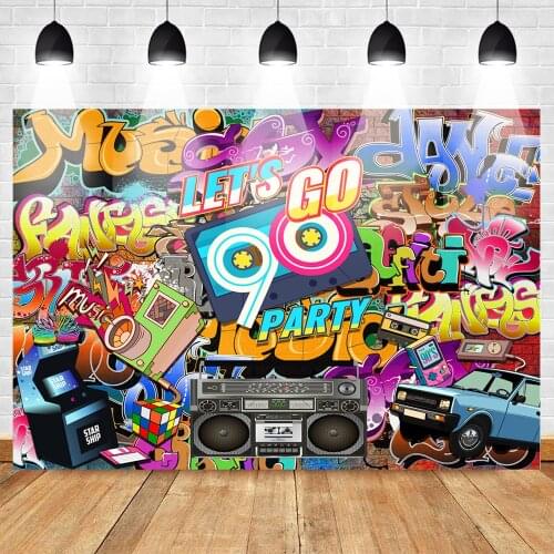Lets Go 90s Party Backdrop Graffiti Wall Hip Pop 90s Background Vintage Radio Music 90th Themed Party Banner Decoration Props