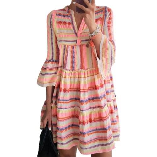 V Neck Mini Dress Three Quarter Sleeve Flare Sleeve Striped Print Casual Ruffle Dress for Party Womens Clothing 2021 2XL
