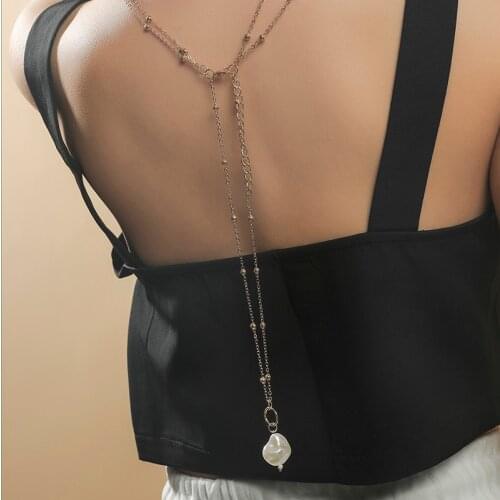 Trendy Boho Female Irregular White Big Pearl Pendants Gold Color Metal Long Beads Chain Multilayer Layered Back Necklace Jewelry